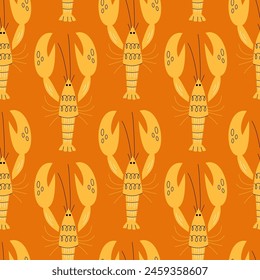 Seamless pattern with lobsters on yellow background. Modern background. Vector illustration 