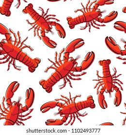 Seamless pattern of lobsters. Red crayfish. Template for printing on fabric. Design for wrapping paper. Illustration for the menu of the restaurant.