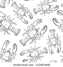 Seamless pattern of lobsters. Red crayfish. Template for printing on fabric. Design for wrapping paper. Monochrome illustration for the menu of the restaurant.