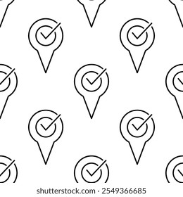 Seamless pattern, location pin and check mark. GPS navigator pointer. Geolocation map mark, point location. Vector illustration.
