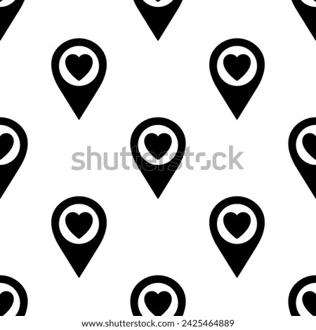 Seamless pattern, location pin with heart shape. Background for Valentine's Day. Favorite places. Vector illustration.