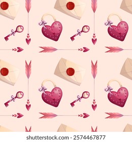 Seamless pattern with lock, key, arrow and letter and Valentine's day letter on pink background. The concept of romance, love. Vector illustrations for posters, banners, postcards, invitations