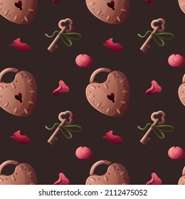 Seamless pattern with lock and key, petals. Happy Valentine's Day, Romance, Love concept. Perfect for product design, scrapbooking, textile, wrapping paper.