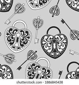 Seamless pattern from locks and keys, gray, black and white. Vector illustration. Hand drawn.