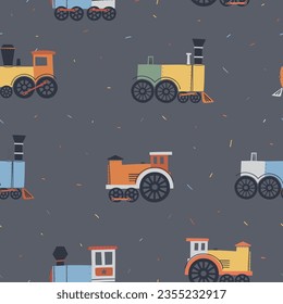 A seamless pattern with locomotives on a dark background. Concept for kids linen, clothing, wrapping paper.