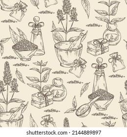 Seamless pattern with lofant: lofant plant, leaves, korean mint flowers, bath salt, soap and beauty products. Wrinkle gaint hyssop. Cosmetic, perfumery and medical plant. Vector hand drawn illu