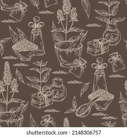 Seamless pattern with lofant: lofant plant, leaves, korean mint flowers, bath salt, soap and beauty products. Wrinkle gaint hyssop. Cosmetic, perfumery and medical plant. Vector hand drawn  