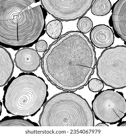 Seamless pattern, log cut, tree rings pattern, shades of gray