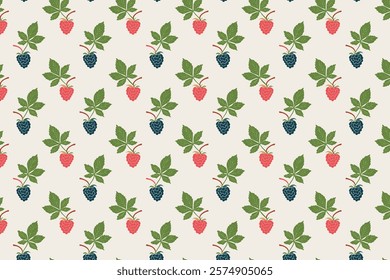 Seamless pattern with loganberries and flowers on a blue background.