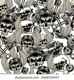 seamless pattern or logo with motorcycle, rider, skull, piston, ghost rider, racer, rock, bone, black vector art illustration design