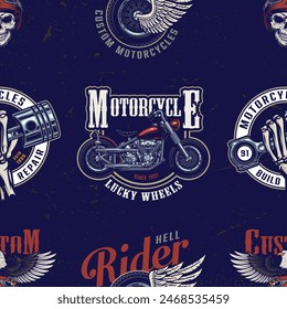 seamless pattern or logo with motorcycle, rider, skull, piston, ghost rider, racer, rock, bone, black vector art illustration design