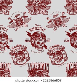 padrão sem costura ou logotipo com motocicleta, cavaleiro, crânio, pistão, cavaleiro fantasma, racer, rocha, osso, vintage, clássico, design de ilustração de arte vetorial