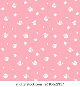 Seamless pattern logo of white ice cream with cherry on a pink background, suitable for wallpaper or food wrapping paper.