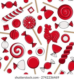 Seamless pattern with lollipop cockerel on stick and red sweets candy. Colored vector background.