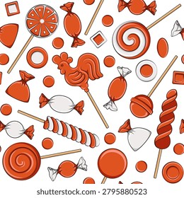 Seamless pattern with lollipop cockerel on stick and orange sweets candy. Colored vector background.