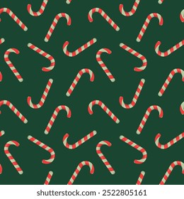 Patrón sin fisuras con una piruleta en el estilo doodle. Un palillo de piruleta dibujado a mano sobre un fondo verde. Dibujo de Navidades para papel de regalo, fundas, textiles, postales.
