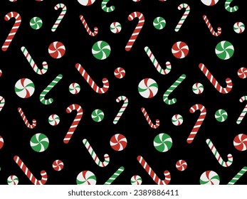 Seamless pattern with lollipop stick, red stripes on a black background. Vector illustration of Christmas candy. Pattern for wrapper, wallpaper, textile, wrapping paper.