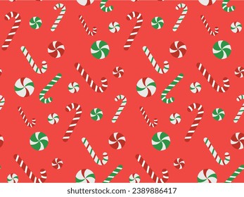 Seamless pattern with lollipop stick, red stripes on a red background. Vector illustration of candy canes, Christmas candy. Pattern for wrapper, wallpaper, textile, wrapping paper