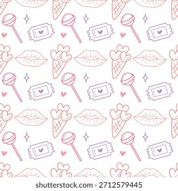 Patrón sin fisuras con labios de boleto de piruleta Helado y corazón Día de San Valentín Dibujado a mano Doodle Ilustración