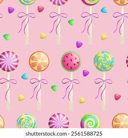 Seamless pattern with lollipops with bows, candies on a pink background. Ideal for product design, wallpaper, scrapbooking, textiles, wrapping paper. Vector illustration