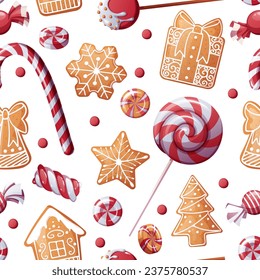 Seamless pattern with lollipops, candies and gingerbread cookies. Suitable for fabric, wrapping paper, wallpaper, background, textile, etc.