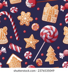 Seamless pattern with lollipops, candies and gingerbread cookies. Suitable for fabric, wrapping paper, wallpaper, background, textile, etc.