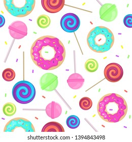 Seamless pattern with lollipops, candy and donuts. Summer background for banners and fabric