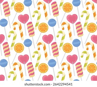 Seamless pattern with lollipops of different shapes and colors. Sweet candy bright background
