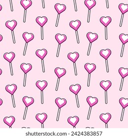 Seamless pattern lollipops heart shape. Line art style on pink background. Print for children's clothing, card, background, invitation, greeting card, textile, print, and wallpapers. Cute illustration