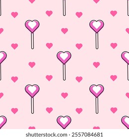 Seamless pattern lollipops heart shape. Line art style on pink background. Print for children's clothing, card, background, invitation, greeting card, textile, print, and wallpapers.