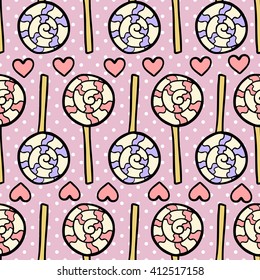 Seamless pattern with lollipops and hearts on dotted violet background. Vector illustration