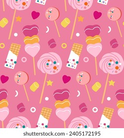 Seamless pattern with lollipops and marshmallows in the shape of a heart. Vector sweet background for decor in delicate colors.