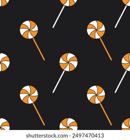 Seamless pattern with lollipops on black background. Halloween sweets vector background