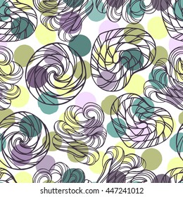 Seamless pattern with lollipops on a polka dot background.