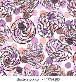 Seamless pattern with lollipops on a polka dot background