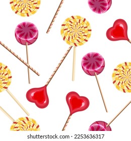 Seamless pattern lollipops on sticks are round in red and yellow stripes, in the shape of a heart.Pattern for packaging,textiles,banners,holiday designs.