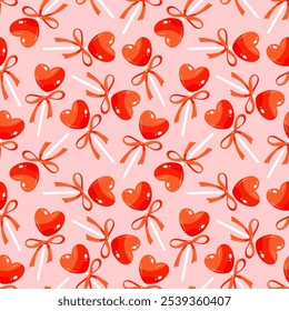 Seamless pattern with lollipops in the shape of hearts and bows. Cute girly pink and red background. Repeating print for fabric, wrapping paper, textile, wallpaper