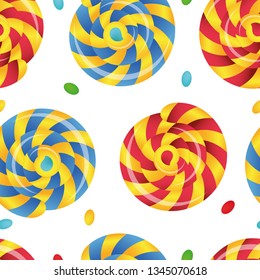 Seamless pattern of lollipops various color. Vector illustration. Candy background. Print for clothes, towels, fabric, textile, website, card background, wrapping paper wallpaper.