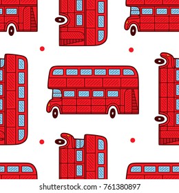 Seamless pattern. London bus. Illustration of a red double decker. Retro colorful hand drawn art.