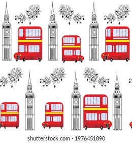 Seamless Pattern with London Double Decker Bus and London Tower Vector Illustration.