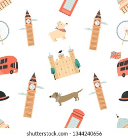 Seamless pattern with London ladmarks. Suitable for print, wrapping paper, gift box