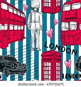 Seamless pattern with London landmark symbols on striped background. Vintage hand drawn vector illustration in sketch style.