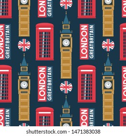 Seamless pattern of london landmarks and hand made fonts, inscriptions.