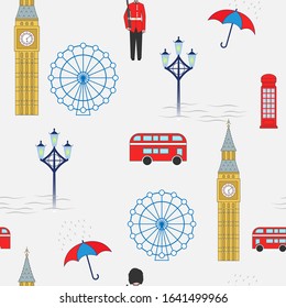 Seamless pattern of London landmarks and symbols, big ben,  phone booth, royal guard, lamp post, umbrella. Vector repeating London background for print, wallpaper, textile, wrapping design