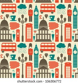 Seamless pattern with London symbols and landmarks.