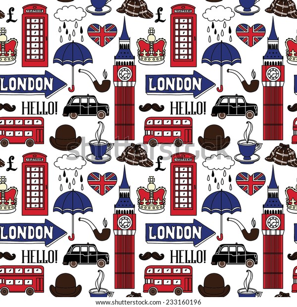 Seamless pattern with London symbols and\
landmarks. Vector\
illustration