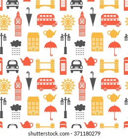 Seamless pattern with London symbols. United Kingdom theme, vector illustration, can be used for wallpaper, web page background, greeting cards, fabric print