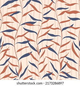 Seamless pattern with long curved branches of blue red color on beige. Minimalistic vector illustration for design and textiles.