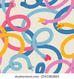 Seamless pattern with long curvy hands, showing funky gestures, giving love. Hand drawn vector illustration