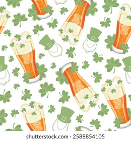 seamless pattern with long glasses with leprechaun face print with wheat beer and shamrock leaves arranged randomly, st patrick's day design